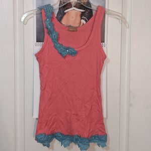 Gadzooks Y2K 2000's Vintage Pink Ribbed and Blue Floral Sequin Tank Top Medium